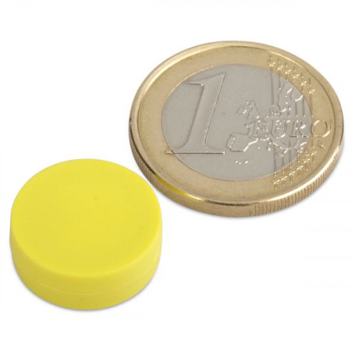 Imán de neodimio Ø 16,0 x 6,0 mm recubierto de plástico - amarillo - sujeta 2,6 kg