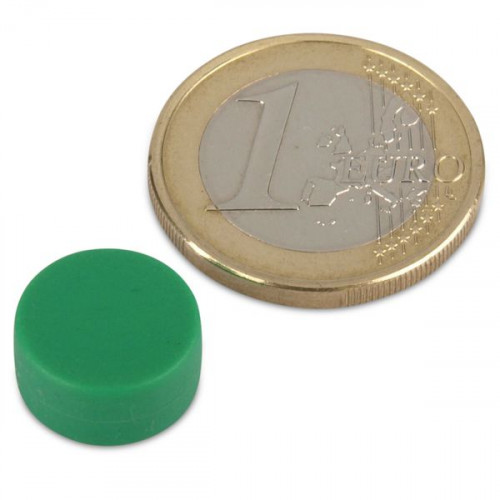 Imán de neodimio Ø 12,7 x 6,3 mm recubierto de plástico - verde - sujeta 2kg
