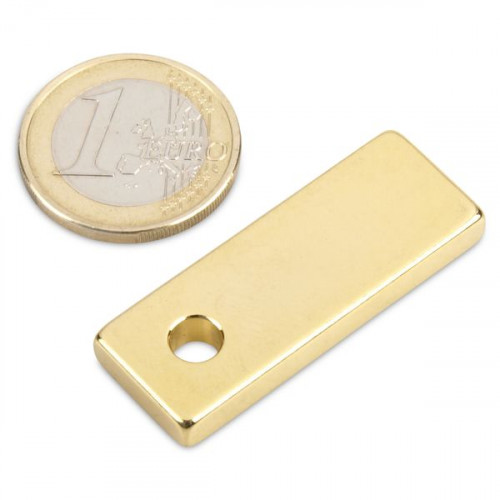 Bloque magnético 40,0 x 15,0 x 5,0 mm N45 oro - agujero Ø 5 mm