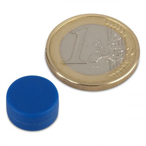 Imán de neodimio Ø 12,7 x 6,3 mm recubierto de plástico - azul - sujeta 2 kg