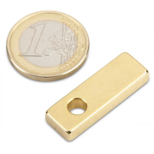 Bloque magnético 30,0 x 10,0 x 5,0 mm N45 oro - agujero Ø 5 mm