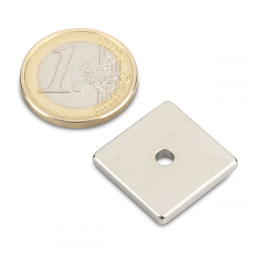 Bloque magnético 20,0 x 20,0 x 3,0 mm N45 níquel - agujero Ø 3,5 mm