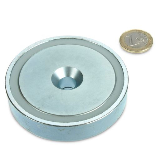 Pinza plana magnética de neodimio Ø 75,0 x 18,0 mm con avellanad - sujeta 160 kg
